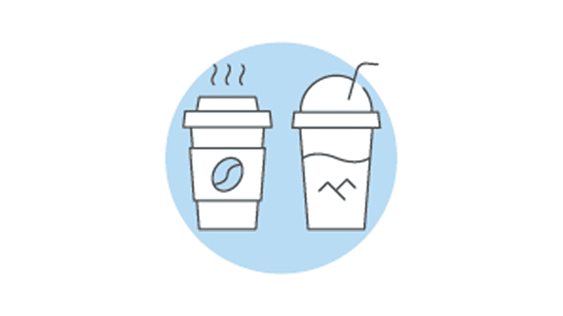 Symbol von zwei Kaffeebechern, einer heiß und einer kalt, auf blauem Kreis-Hintergrund